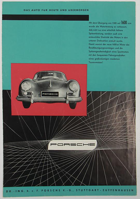 PORSCHE 1956 (25M4.56), fold-out brochure Porsche 356A: PORSCHE 1956 (25M4.56), fold-out brochure Porsche 356A with 550 A Spyder, 4 pages, English text, with slight traces of usage German Description Porsche 1956 (25M4.56), Faltprospekt Porsche 356A inkl. 