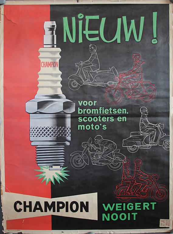 CHAMPION advertisement poster '50s "Champion: CHAMPION advertisement poster '50s "Champion Zündkerzen", Dutch text, 82x60cm, with flaws around the poster, partially fixed with sticky tape German Description CHAMPION Werbeplakat 50er Jahre "Champ