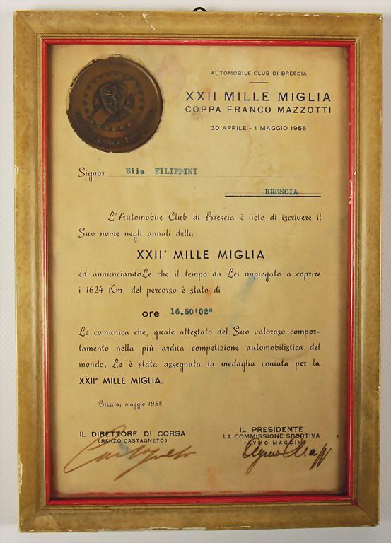 MILLE MIGLIA 1955 XXII Mille Miglia - certificate for: MILLE MIGLIA 1955 XXII Mille Miglia - certificate for the driver Elia Filippini for finishing the race in the specified time, with medal "Coppa Franco Mazzotti", framed, 17cm x 24cm German Description