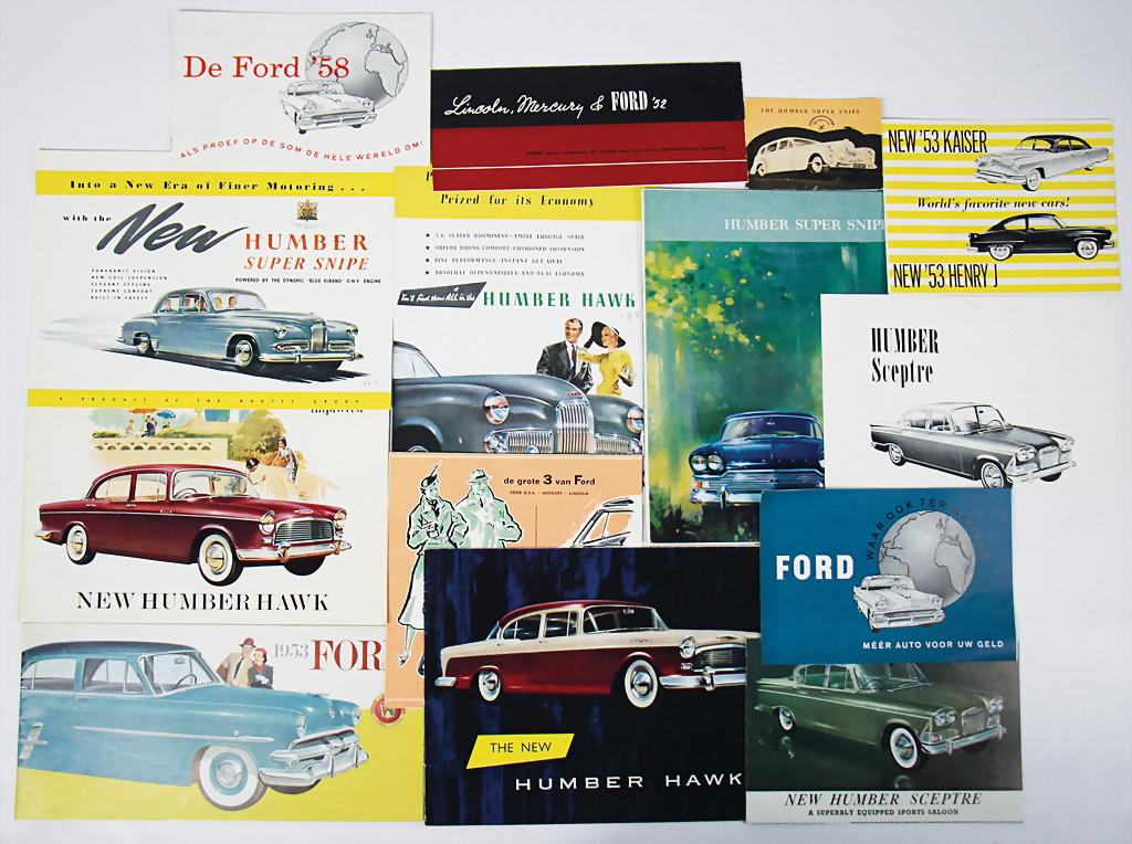 FORD / HUMBER / KAISER mixed lot with 25 pieces: among: FORD / HUMBER / KAISER mixed lot with 25 pieces: among it 1952 fold-out brochure Victoria (7289-1-51), 6 pages, English text, 1948 Ford news graphic, 4 pages, English text, with tears at fold, 1950 fo