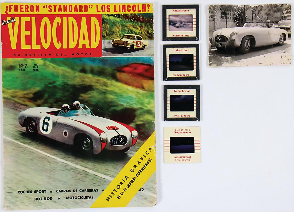 MERCEDES BENZ mixed lot with 6 pieces, among it: MERCEDES BENZ mixed lot with 6 pieces, among it original B/W photo Günther Molter at the steering wheel of the 300 SL Spyder (support vehicle without start number) license number W 83-3146, 4 color d