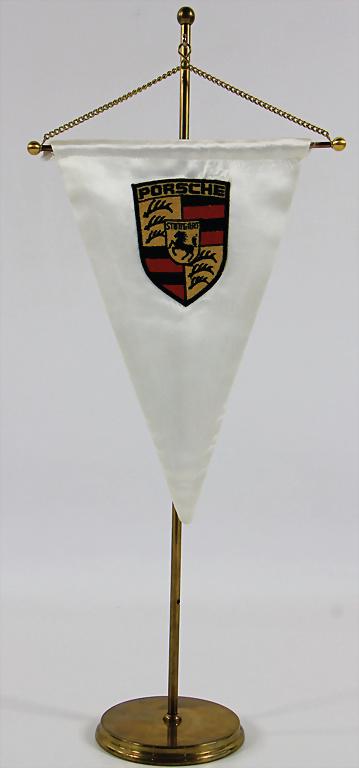PORSCHE '70s/'80s desktop flag (with brass frame), 52cm: PORSCHE '70s/'80s desktop flag (with brass frame), 52cm tall, good condition German Description Porsche 70er/80er Jahre Tischwimpel (mit Messing Gestell), 52cm hoch, guter Zustand