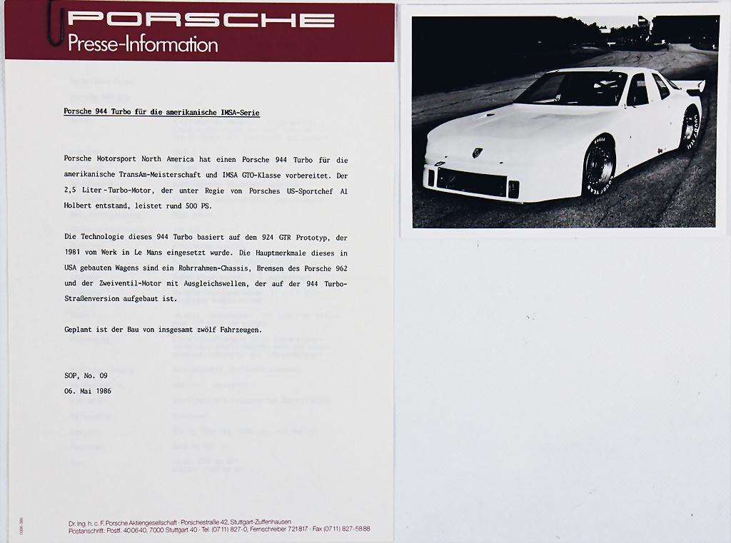 PORSCHE May 1986, 3 pages press information with (1 of 1)