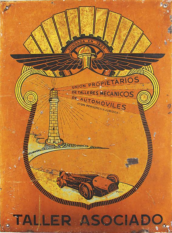 TALLER ASOCIADO '30s, lithographed metal sign, with: TALLER ASOCIADO '30s, lithographed metal sign, with presentation of a racing car, 39.5x29.5cm German Description Taller Asociado 30er Jahre, lithographiertes Metallschild, mit Darstellung eines Rennwa