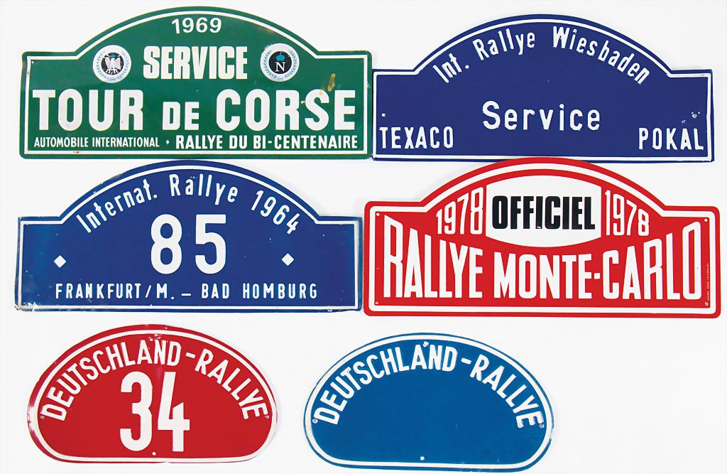 mixed lot of rally signs, among it Monte Carlo 1978: mixed lot of rally signs, among it Monte Carlo 1978 (service), Tour de Corse 1969 (service), Rallye Wiesbaden, Deutschland Rallye German Description Konvolut Rallyeschilder, darunter Monte Carlo 1978