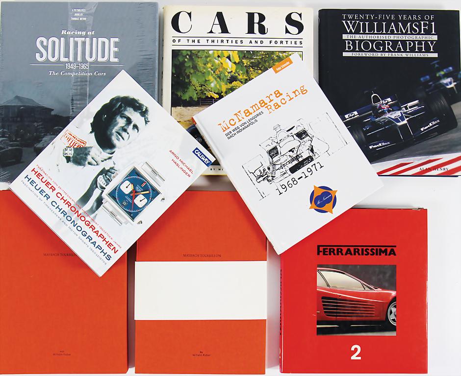mixed lot of books with 8 pieces, 2x "Maybach: mixed lot of books with 8 pieces, 2x "Maybach Tourbillion" by Wilhelm Rieber, "McNamara Racing 1968-1971" (shrink-wrapped) German text, "Heuer Chronographen" by Arno M. Haslinger, with signature by A.