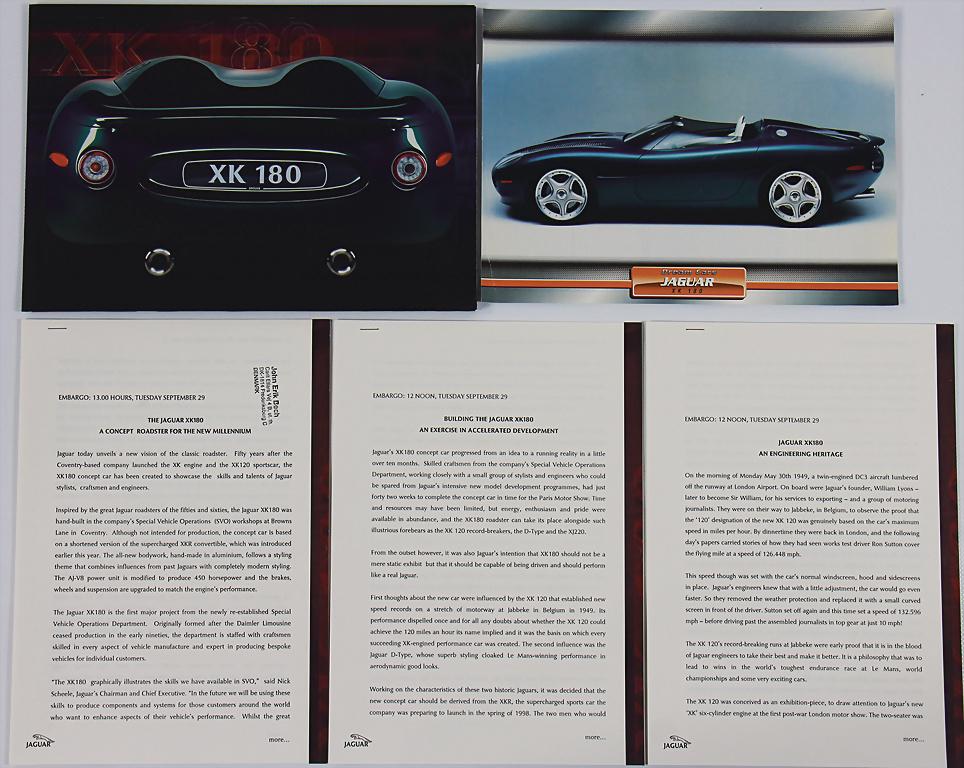 JAGUAR mixed lot with 9 pieces, among it: Jaguar 180 XK: JAGUAR mixed lot with 9 pieces, among it: Jaguar 180 XK Concept Roadster press report, 14 pages, English text, 5 x color photos photo prints (20x15cm) Jaguar XK 180 Concept Car, flyer Dream Cars Jagua