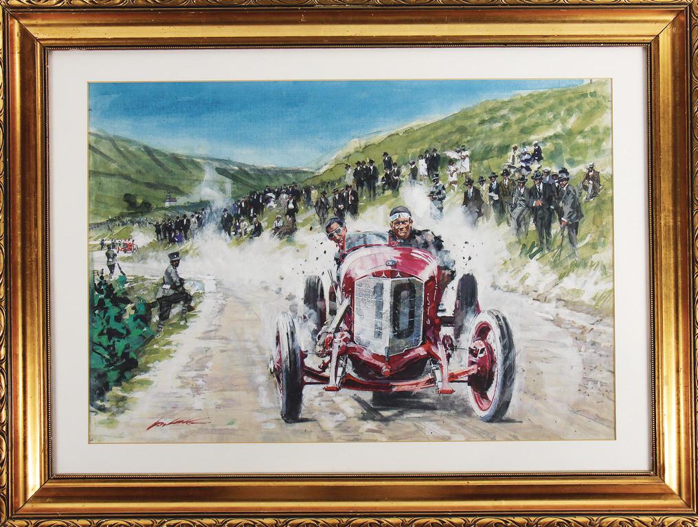WALTER GOTSCHKE original opaque water color painting: WALTER GOTSCHKE original opaque water color painting "Targa Florio 1924", Christian Werner in a Mercedes 2 liter racing car, left down below signed, framed, 62x82cm, museum quality German Description