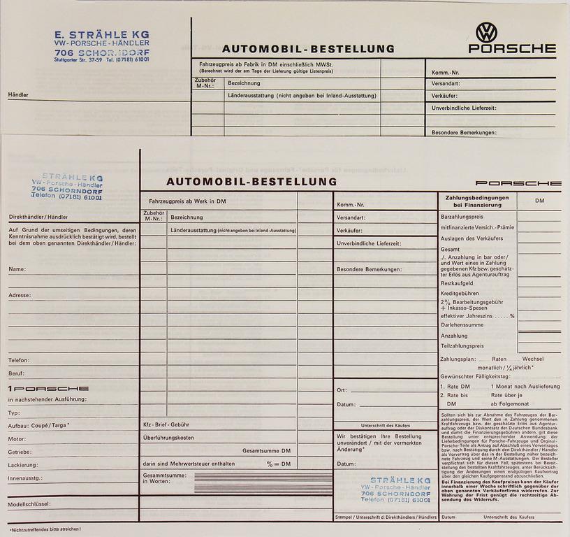 PORSCHE '60s/'70s, two blank order forms, stamped Fa.: PORSCHE '60s/'70s, two blank order forms, stamped Fa. Strähle KG, Schorndorf, good condition German Description PORSCHE 60er/70er Jahre, zwei blanko Bestellformulare, gestempelt Fa. Strähle KG, Scho
