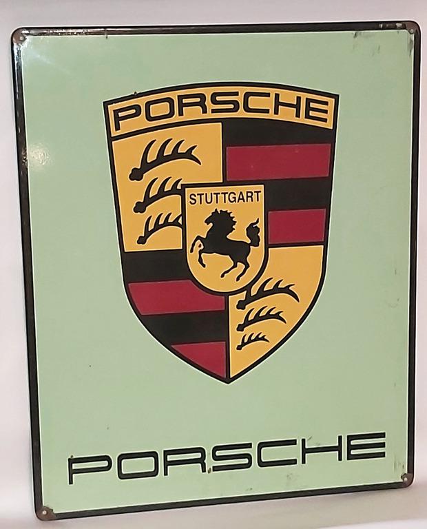 PORSCHE original Porsche enamel sign '70s, 67x57cm,: PORSCHE original Porsche enamel sign '70s, 67x57cm, slight patches of rust to the corners, otherwise good condition German Description PORSCHE Original Porsche Emailleschild 70er Jahre, 67x57cm, leich