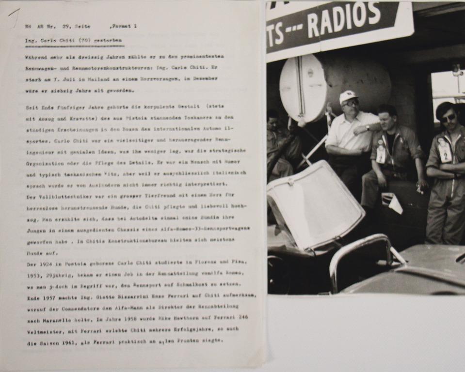 Alfa Romeo/Ing. Carlo Chiti 3 pages obituary by Adriano: Alfa Romeo/Ing. Carlo Chiti 3 pages obituary by Adriano Chimarosti "Ing. Carlo Chiti gestorben", along with it original B/W photo Chiti in the pit-lane beside an Alfa Romeo 33, 24x18cm German Descript