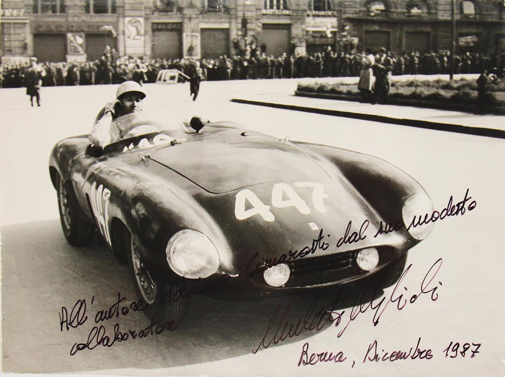UMBERTO MAGLIOLI autographed original B/W photo with: UMBERTO MAGLIOLI autographed original B/W photo with dedication to Adriano Cimarosti, Umberto Maglioli in a Ferrari 750 Monza Mille Miglia 1955 (dated Berne, December 1987), 18x24cm German Description