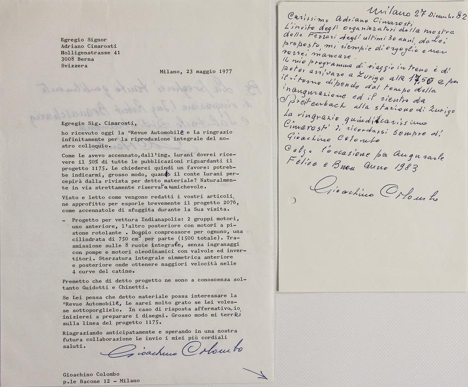 GIOACHINO COLOMBO two autographed letters to Adriano: GIOACHINO COLOMBO two autographed letters to Adriano Cimarosti, dated May 1977 and December 1982, Colombo regarding project 1175, Italian text German Description Gioachino Colombo Zwei handsignierte B