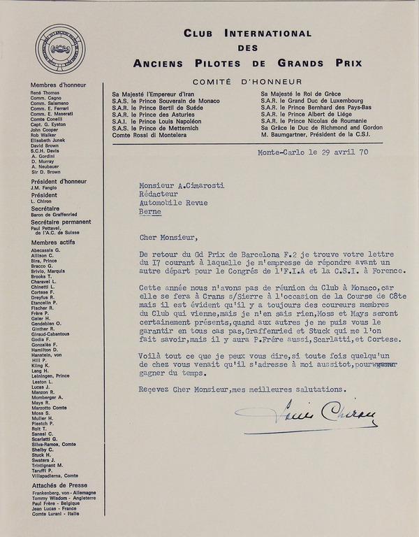 LOUIS CHIRON Monte Carlo, April 1970, autographed: LOUIS CHIRON Monte Carlo, April 1970, autographed letter to Adriano Cimarosti (Club International des Anciens Pilotes de Grands Prix) German Description Louis Chiron Monte Carlo, April 1970, handsigni