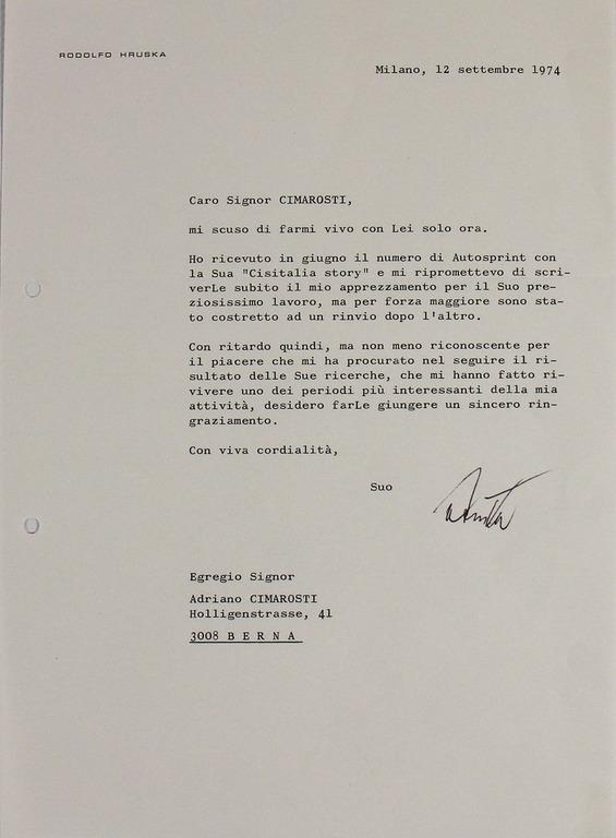 RODOLFO HRUSKA September 1974, autographed letter to: RODOLFO HRUSKA September 1974, autographed letter to Adriano Cimarosti regarding "Cisitalia Story"in the magazine Autosprint German Description Rodolfo Hruska September 1974, handsignierter Brief an A