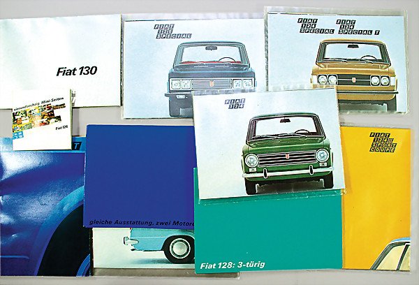 FIAT brochure folders, '70s, Fiat 124; Fiat 124 Sp: FIAT brochure folders, '70s, Fiat 124; Fiat 124 Sportcoupé 1400/1600; Fiat 128 Familiare 3-door; Fiat 124 Sportcoupé; Fiat 124 special T; Fiat 125 special; Fiat 130; Fiat 124 estate car; and 1 broch