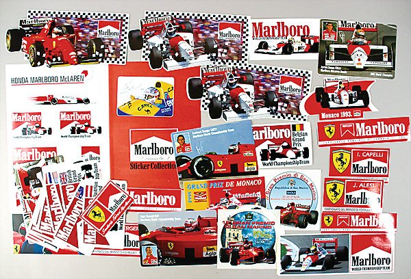 mixed lot of stickers, 20 pieces, MARLBORO A. Pros: mixed lot of stickers, 20 pieces, MARLBORO A. Prost, N. Mansell, Ayrton Senna, '80s/'90s; 5 stickers Ayrton Senna; 18 stickers of different brands, partially refering to the drivers, '90s; 14 stickers