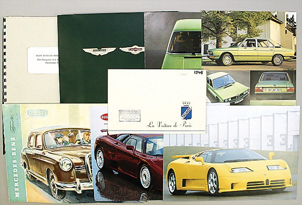 mixed lot of 14 pieces, sales brochures and catalo: mixed lot of 14 pieces, sales brochures and catalogs, different manufacturer, mostly from the '50s/'70s/'90s, Mercedes, Bugatti, Aston Martin, BMW; this mixed lot should be visited German Description: