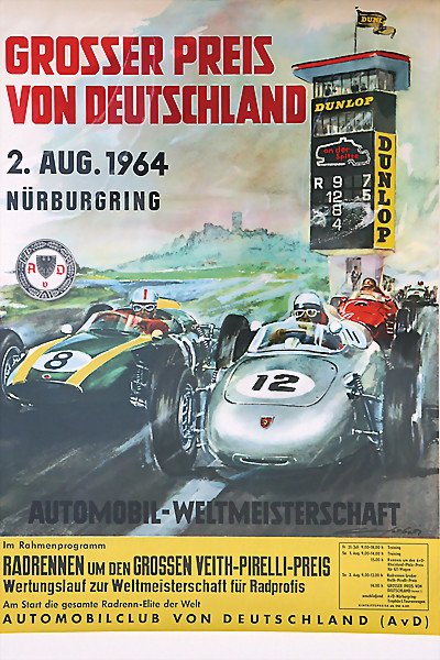 Nürburgring - Grand Prix of Germany, 1964, automo: Nürburgring - Grand Prix of Germany, 1964, automobile world championship, poster, 84 by 59 cm; condition: 2 German Description: Nürburgring - Großer Preis von Deutschland, 1964, Automobil-Weltmeist