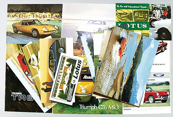 dealer mixed lot of 41 brochures and sales catalo: dealer mixed lot of 41 brochures and sales catalogs, Triumph and MG, '70s/'80s, e.g. MG Midget/ 1300 Mark III/ MG BGT/ Triumph Spitfire/ TR 6/ Vitesse/ Herald/ TR 5/ Stag/ TR 7/ Turbo TVR/ Marcos 3 li