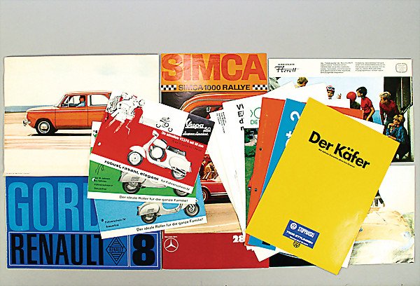 20 sales brochures, '70s/'80s, e.g. Ford Formel R: 20 sales brochures, '70s/'80s, e.g. Ford Formel RS/ 3x Vespa, 50 S/ Simca 1000 Rallye/ Matra Sports/ VW 181/ Beetle, 1976/ Neckar Jagst 2/ Fiat 500 F Luxus/ NSU TT S/ Porsche 911 2.4 litre/ Renault Go