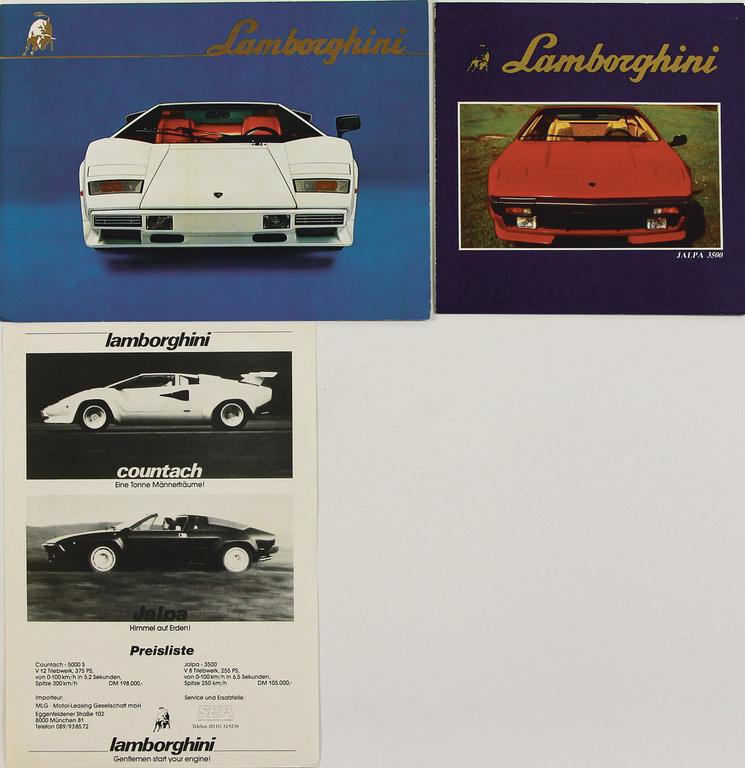 LAMBORGHINI sales brochure Countach LP500, 6 pages, 2: LAMBORGHINI sales brochure Countach LP500, 6 pages, 2 languages Italian/German, sales brochure Jalpa 3500, 6 pages, 4 languages Italian/German/French/English, both with technical data, with price list