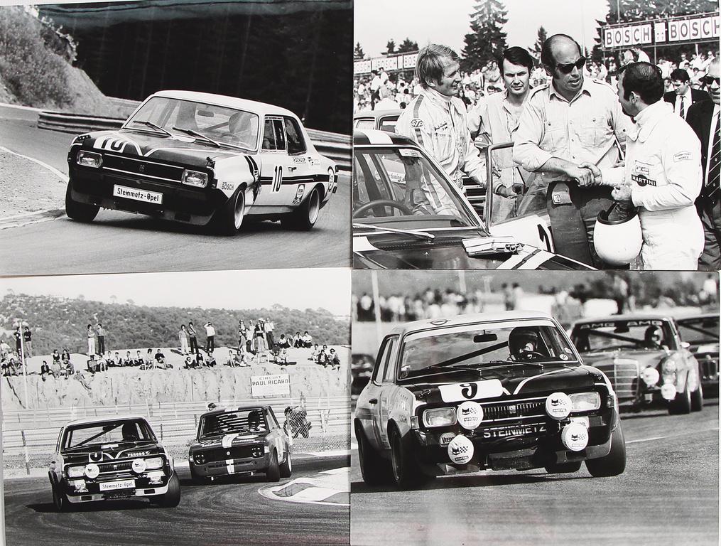 KLAUS STEINMETZ mixed lot of 4 B/W photos, Hans Stuck: KLAUS STEINMETZ mixed lot of 4 B/W photos, Hans Stuck jr., in a Steinmetz Opel Commodore GS Nürburgring 1971, Klaus Steinmetz with Dr.Helmut Marko and Willi Kauhsen Nürburgring 1970, 18x24cm German