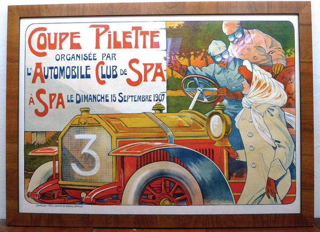 COUPE PILETTE SPA 1907, poster "Coupe Pilette organisée: COUPE PILETTE SPA 1907, poster "Coupe Pilette organisée par L´Automobile Club de Spa - a Spa le Dimanche 15. Septembre 1907", very rare design by Georges Gaudy with expressive colors 82.4x117cm, fra