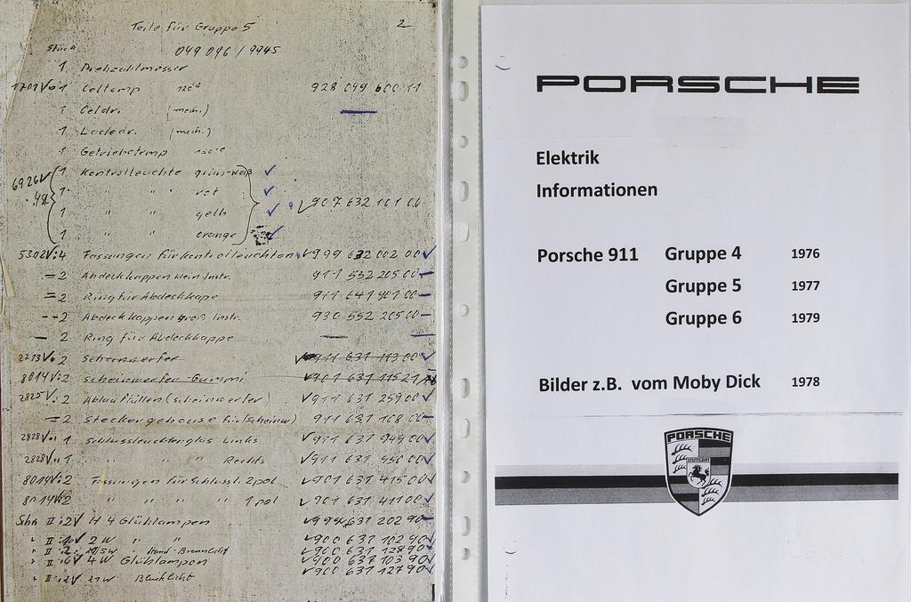 PORSCHE electricity informations Porsche 911 Group 4,: PORSCHE electricity informations Porsche 911 Group 4, 5, 6, 1976-1978, among it part numbers, 6 color photos (factory) Moby Dick 1978 cockpit (instruments), circuit diagram, with circuit diagram car 1