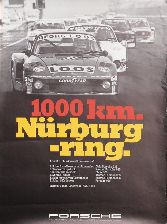 PORSCHE 1977, original racing poster "1000Km: PORSCHE 1977, original racing poster "1000Km Nürburgring", design advertising agency Strenger, May 1977, 101x76cm, slight creased at the edges, and at left edge a small tear that is c. 1cm long, othe