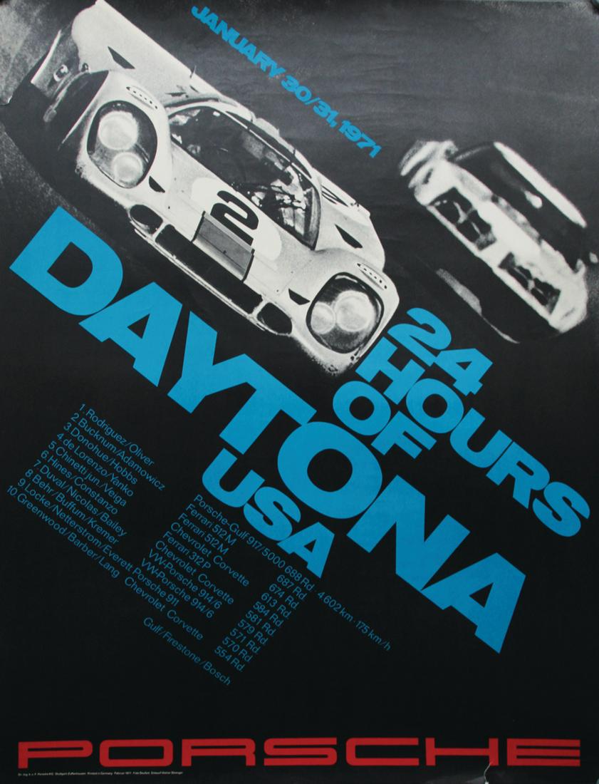 Porsche 1971, original racing poster "24 hours of: Porsche 1971, original racing poster "24 hours of Daytona", design Atelier Strenger, February 1971, 101x76cm, good condition German Description PORSCHE 1971, original Rennplakat ?24 hours of Daytona?,