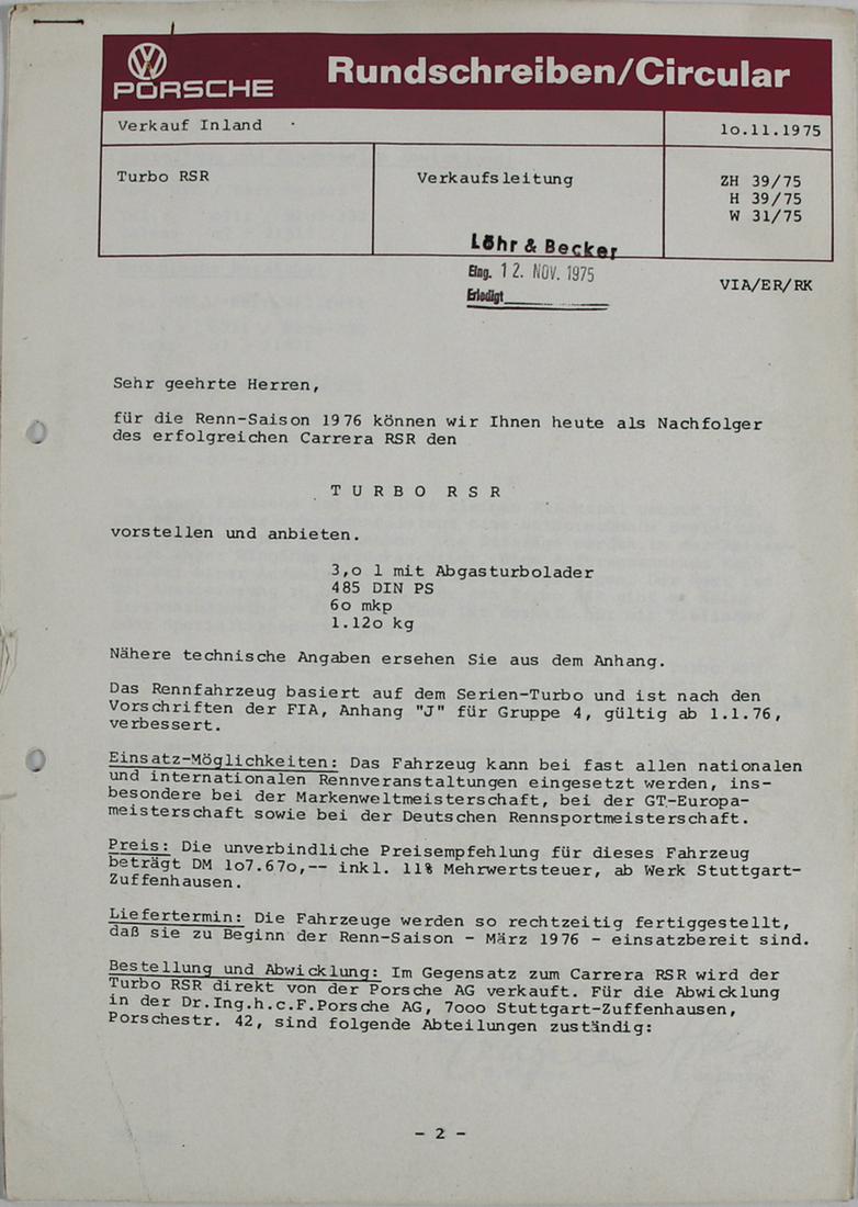 Porsche 1975, circular letter to the sales management (1 of 1)