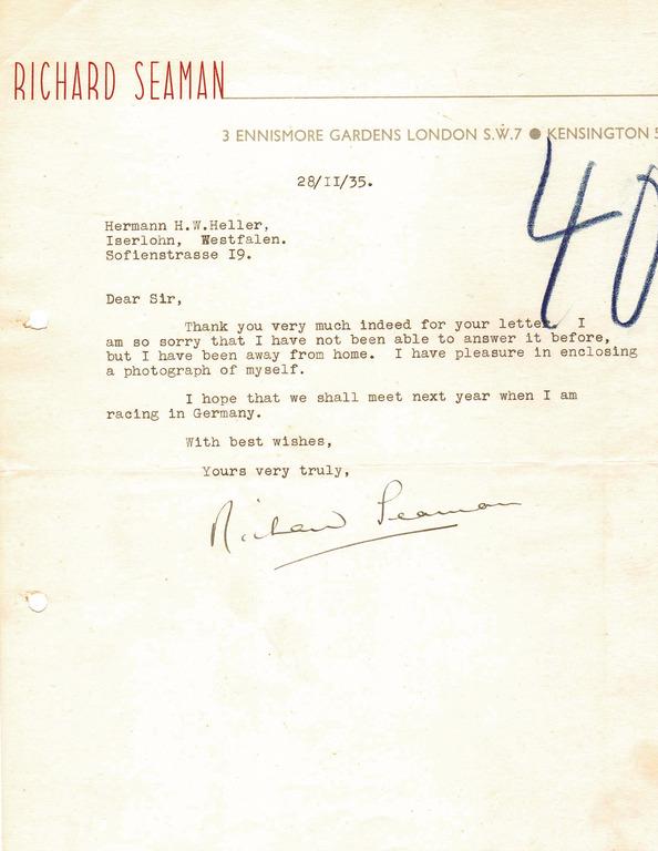RICHARD SEAMAN autographed letter (typed), signed Richard Seaman, dated Nov 28th 1935   German (1 of 1)