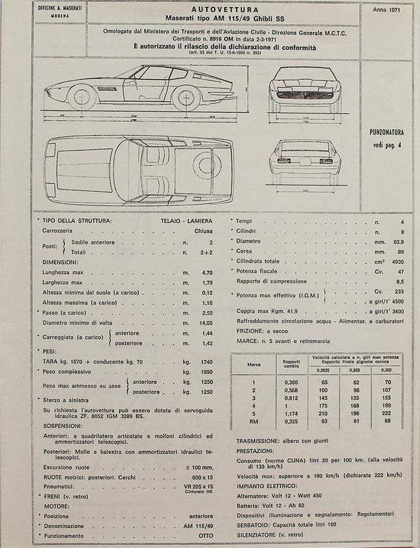 Maserati 1971, original homologation Maserati Ghibli SS, 4 pages, with confirmatory letter by the (1 of 1)