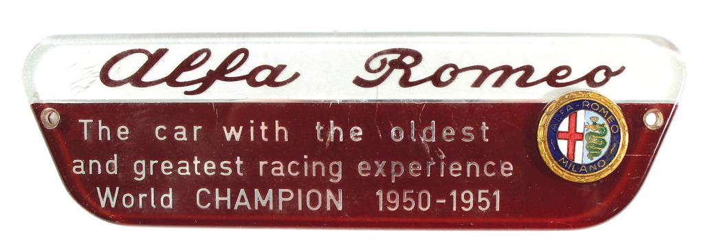 ALFA ROMEO c. 1957, cover dashboard Alfa Romeo 2000 Spider, "Alfa Romeo - The car with the oldest: ALFA ROMEO c. 1957, cover dashboard Alfa Romeo 2000 Spider, "Alfa Romeo - The car with the oldest and greatest racing experience WORLD CHAMPION 1950-1951", with enamelled Alfa Romeo logo, good conditi