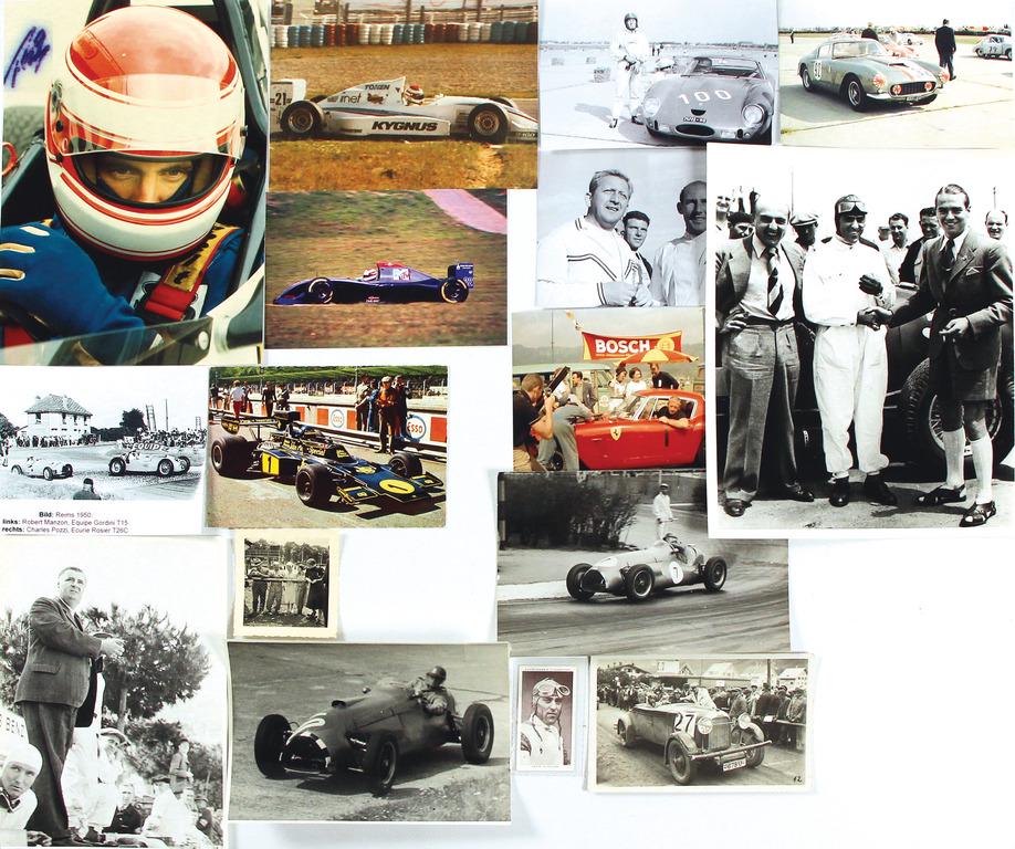 mixed lot of 11 B/W photos and 5 color photos, among it 8 original B/W photos and 1 original color: mixed lot of 11 B/W photos and 5 color photos, among it 8 original B/W photos and 1 original color photo, Jean Pedrazzini, 2x Tazio Nuvolari, 2x Rodney Nuckey, H.P. Müller, Charles Pozzi, Roland