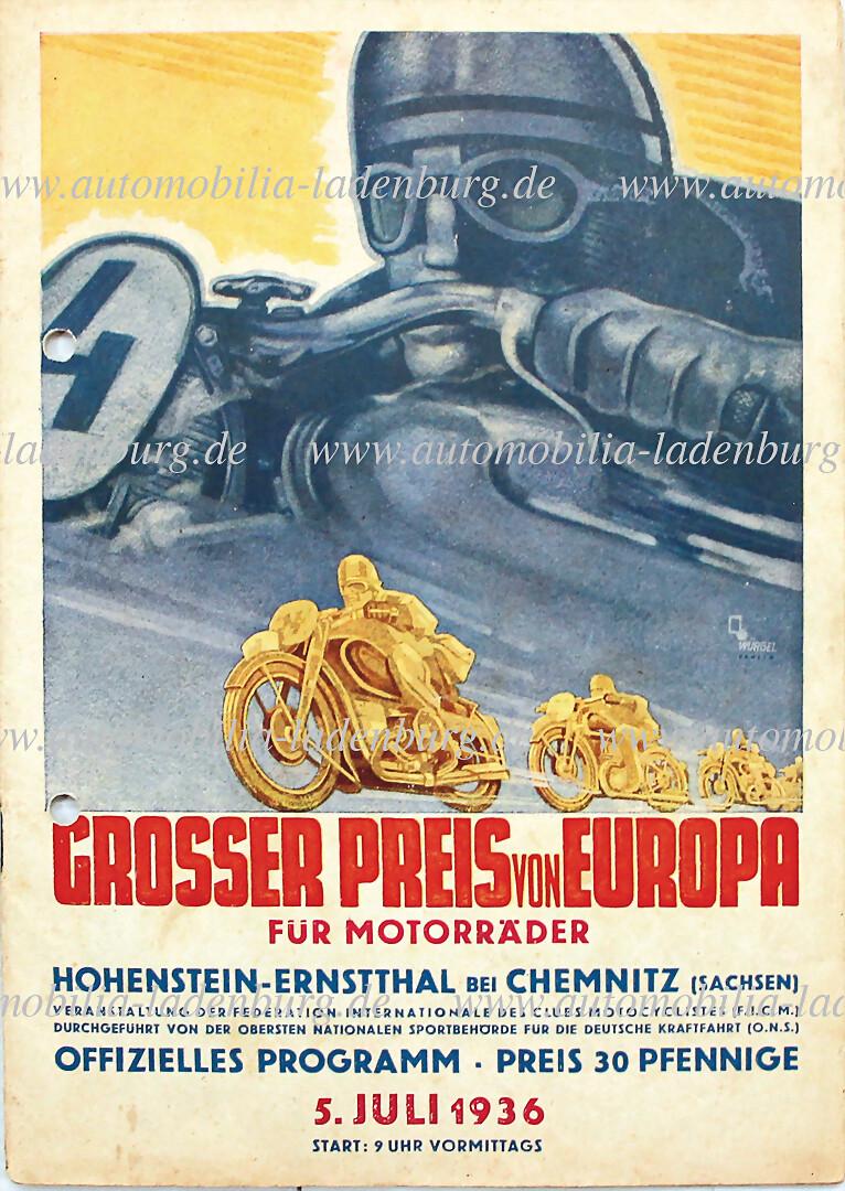 racing programme Grand Prix of Europe, motorbike, Hohenstein-Ernstthal 1936, punched, otherwise good (1 of 1)