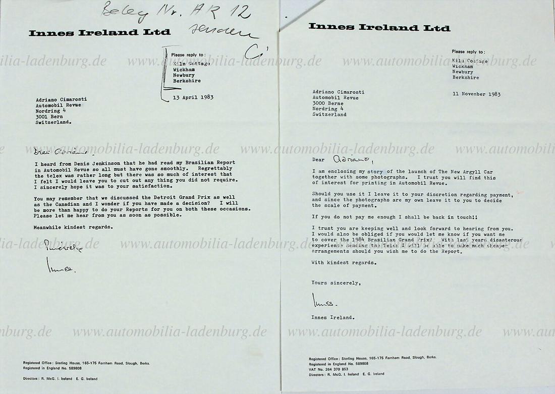 two autographed correspondences to Adriano Cimarosti, Innes Ireland, dated 1983 German Description: two autographed correspondences to Adriano Cimarosti, Innes Ireland, dated 1983 German Description Zwei handsignierte Schreiben an Adriano Cimarosti, Innes Ireland, datiert 1983