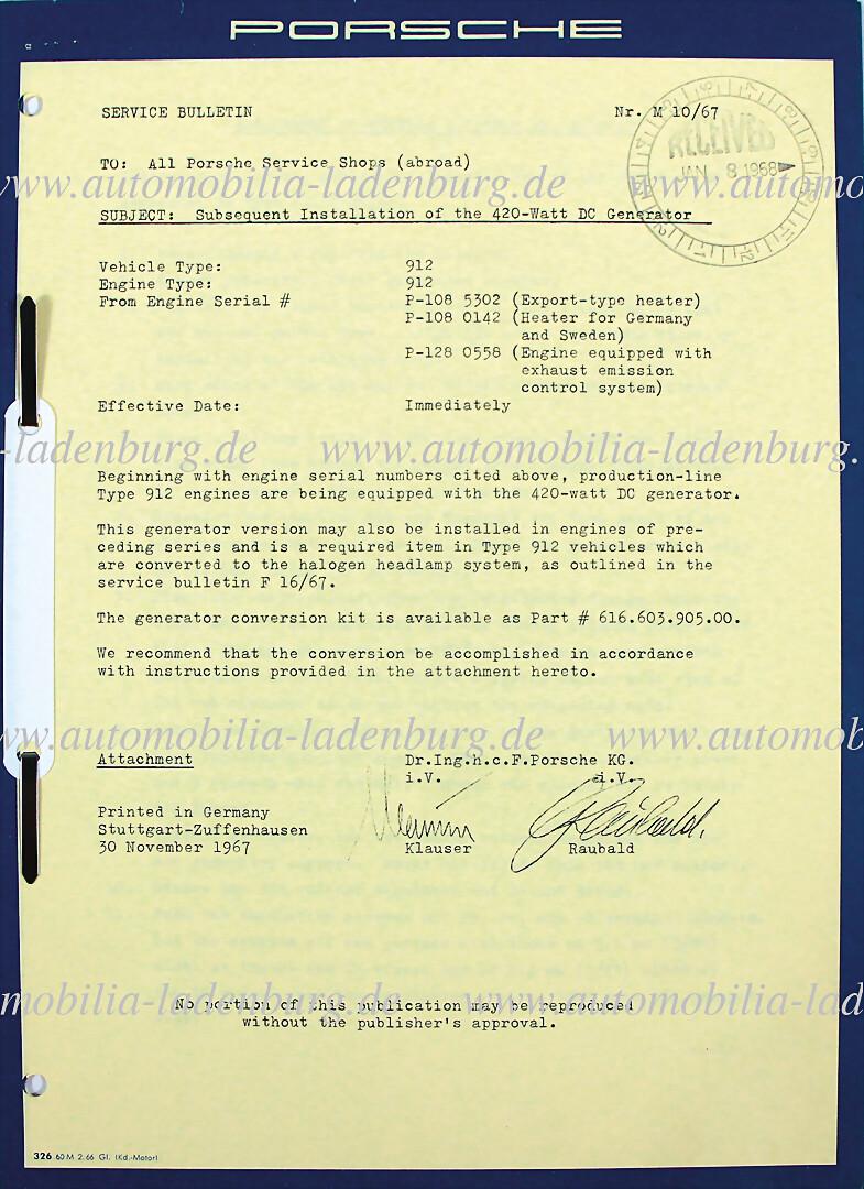 PORSCHE November 1967, Service Bulletin (No. M 10/67 foreign countries), about the subsequent (1 of 1)