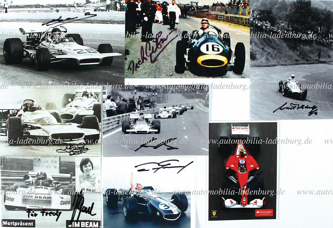 mixed lot with 8 pieces, among it signatures by Jean-Pierre Beltoise, Fernando Alonso, Jo Gartner,: mixed lot with 8 pieces, among it signatures by Jean-Pierre Beltoise, Fernando Alonso, Jo Gartner, Dick Gibson in the Cooper T43 1957, Dan Gurney, Jean-Pierre Jarier, Dr. Helmut Marko, Kurt Adolff Ger