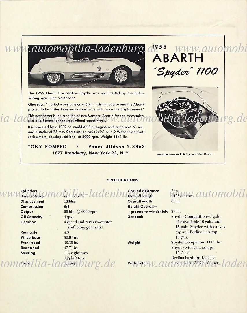 ABARTH flyer Abarth Spyder 1100 1955, English text with specifications, fold in the upper area,: ABARTH flyer Abarth Spyder 1100 1955, English text with specifications, fold in the upper area, otherwise good condition German Description ABARTH Einblattprospekt Abarth Spyder 1100 1955, eng. Text m
