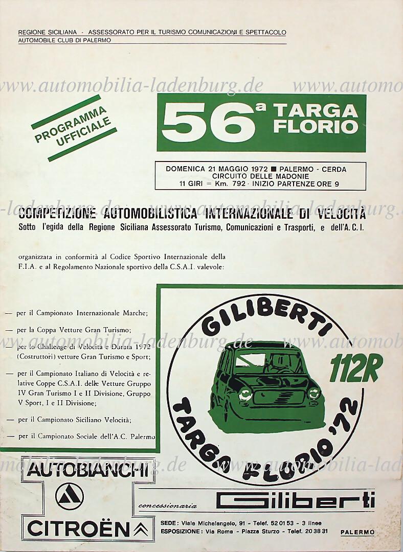 TARGA FLORIO 1972, race programme / additional booklet 56th Targa Florio May 21st 1972, 8 pages with: TARGA FLORIO 1972, race programme / additional booklet 56th Targa Florio May 21st 1972, 8 pages with list of participants, among others Merzario / Munari in a Ferrari 312PB, Galli/Marko in an Alfa Rom