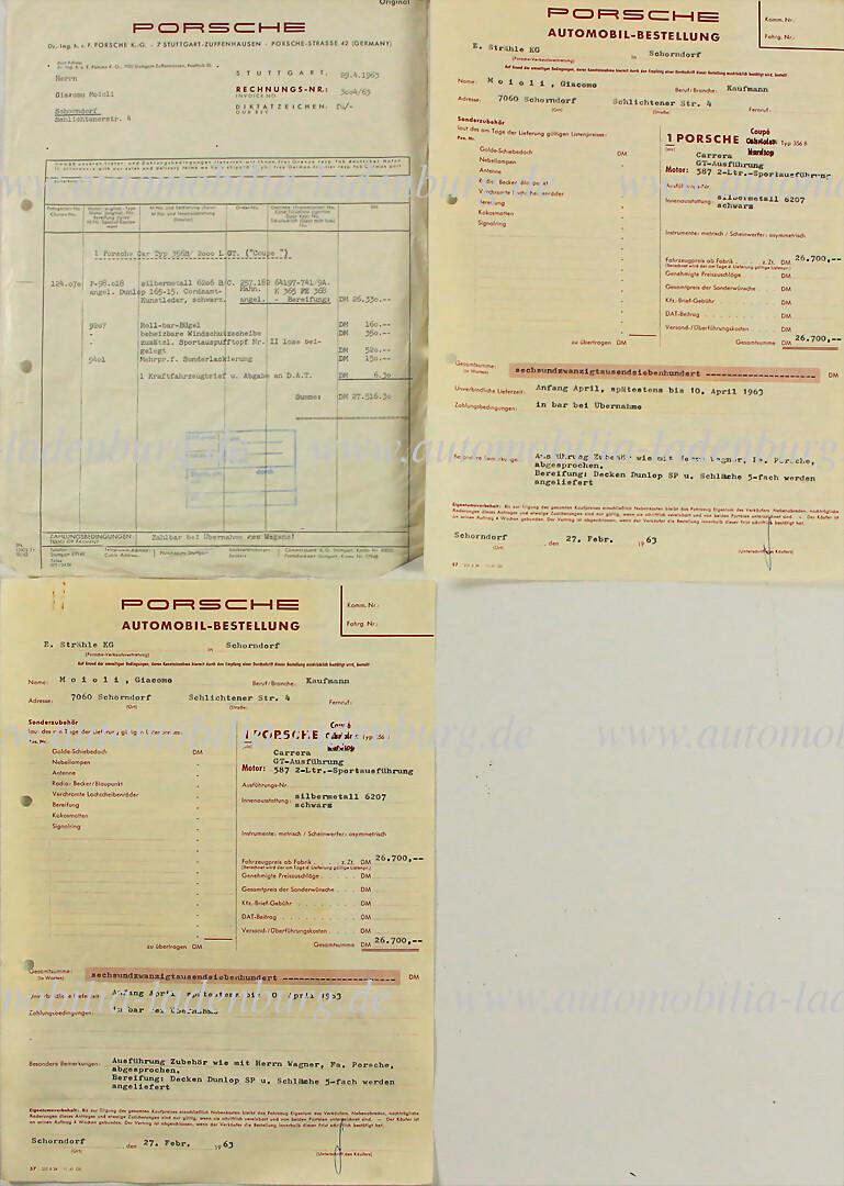 PORSCHE 1963, mixed lot of two orders for Giacomo Moioli Porsche type 356B Carrera GT version, with (1 of 1)