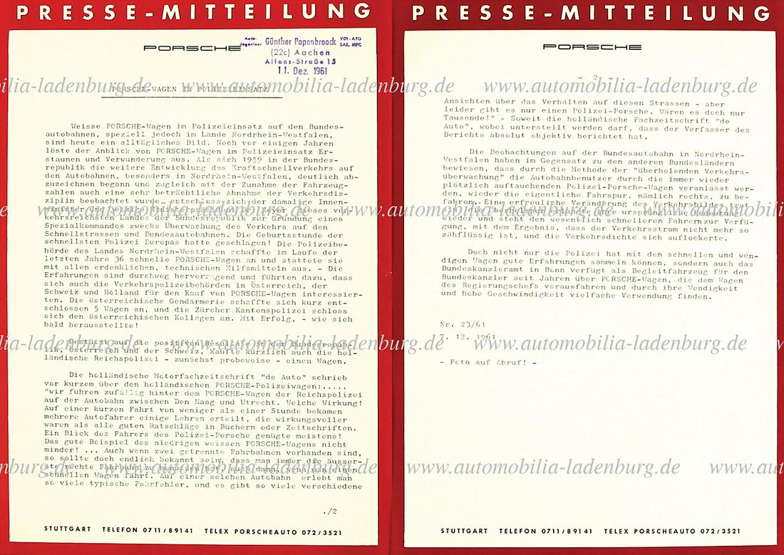 PORSCHE 1961 (No.23/61), two pages long press release Porsche car in police operation, good (1 of 1)