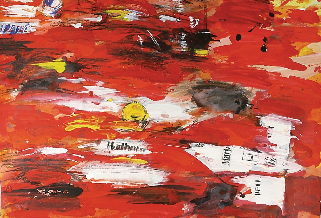 Hans Voss, acrylic drawing "Devils in Disguise" c: Hans Voss, acrylic drawing "Devils in Disguise" compete with powerfull weapons , figth with firy temper, drive through the hell and back, season 1990, the fight between Alain Prost in Ferrari F1-90 an