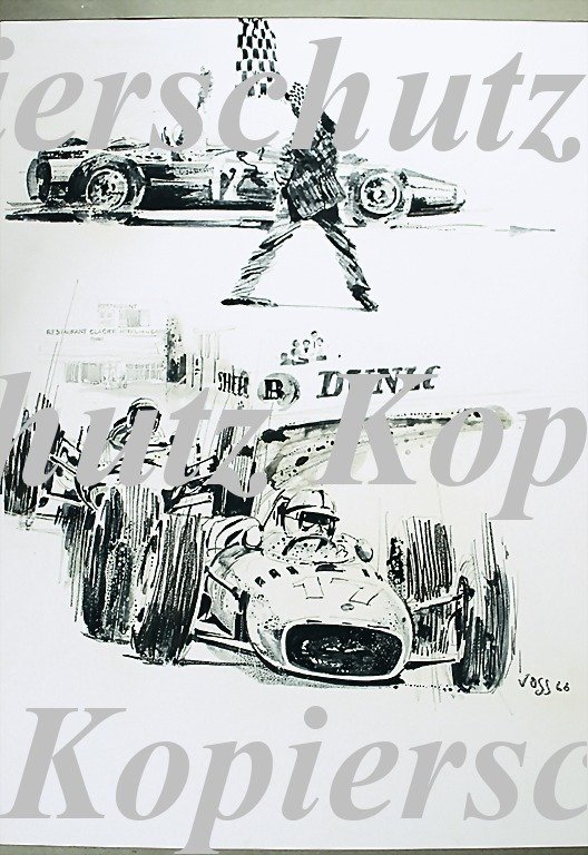 Hans Voss, s/w drawing, tusche "Siege sind karier: Hans Voss, s/w drawing, tusche "Siege sind kariert". Grand Prix of Monaco 1966, Louis Chiron was waving the chequered at the Grand Prix of Monaco, the winner was Jackie Stewart, signed Voss 66, 56 by 