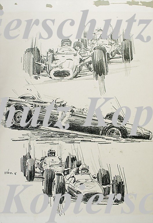 Hans Voss, B/W drawing, coal scene No. 1: "Die Ma: Hans Voss, B/W drawing, coal scene No. 1: "Die Magie der Gruppe", Grand Prix of Monaco 1965, Graham Hill ahead of Stewart and Surtees, scene No. 2, "Born to be Wild", Jackie Stewart, like a Phoenix fr