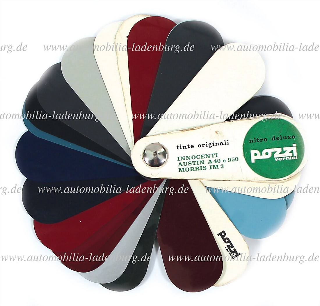 POZZI / INNOCENTI / AUSTIN / MORRIS color chart inside with 28 paint samples for Innocenti, Austin,: POZZI / INNOCENTI / AUSTIN / MORRIS color chart inside with 28 paint samples for Innocenti, Austin, Morris, among others colors like Rosso Alfa, Rosso Amaranto, Rosso Vivo, Bleu Scuro (Ferrari), Verde