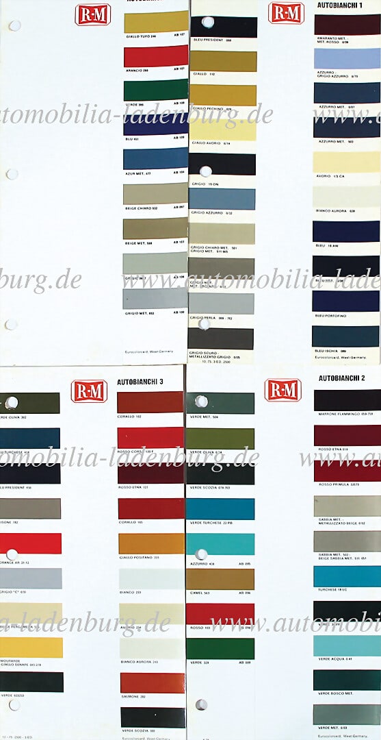 R-M / AUTOBIANCI 1975, mixed lot of 4 pages with all in all 66 paint sample for Autobianchi, among (1 of 1)