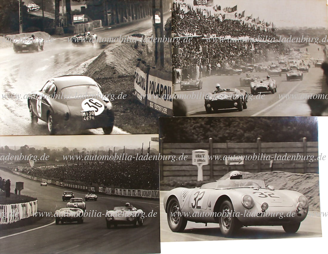 LE MANS 1958, mixed lot of 4 original B/W photos, among it de Beaufort in a Porsche 550 Spyder,: LE MANS 1958, mixed lot of 4 original B/W photos, among it de Beaufort in a Porsche 550 Spyder, starting scene with Whitehead in an Aston Martin, Godia in a Maserati, Mairesse in a Ferrari...18x24cm G